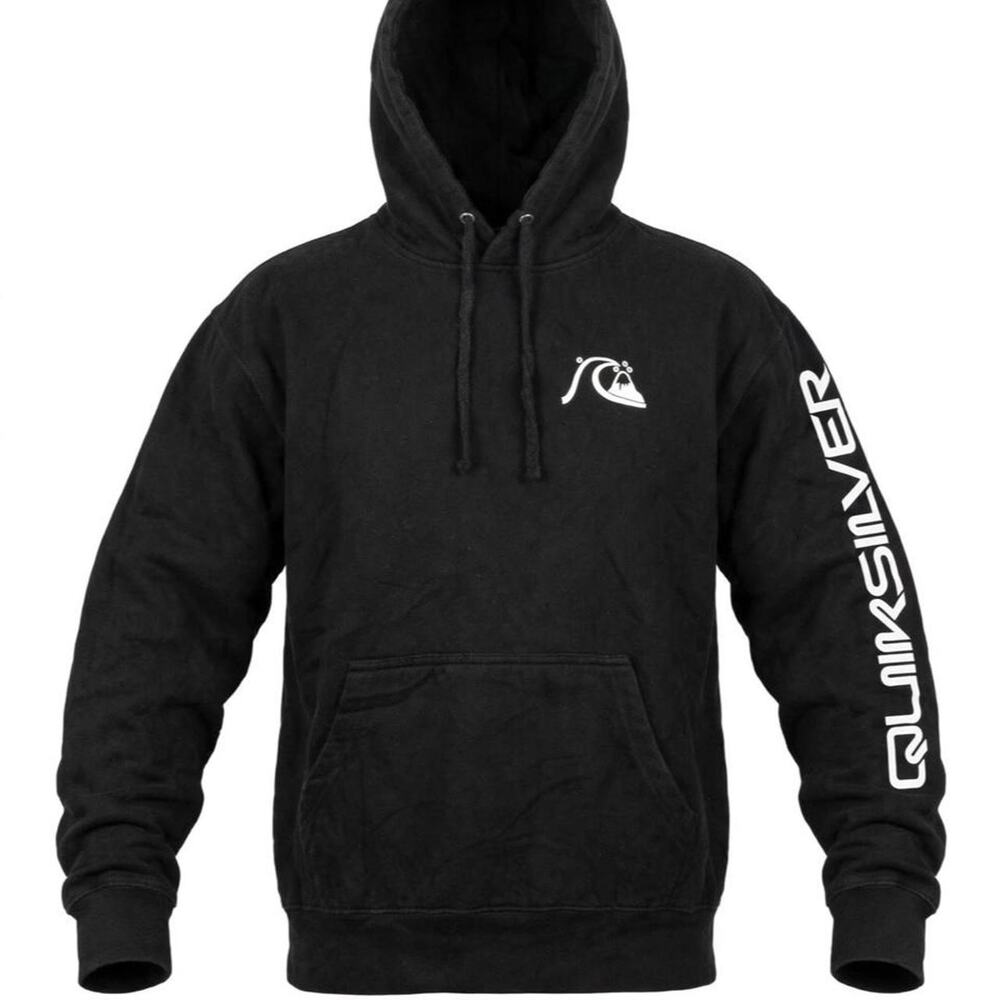 Quiksilver Hoodie Mens Large L Black Pullover Sleeve Logo Surf Fleece